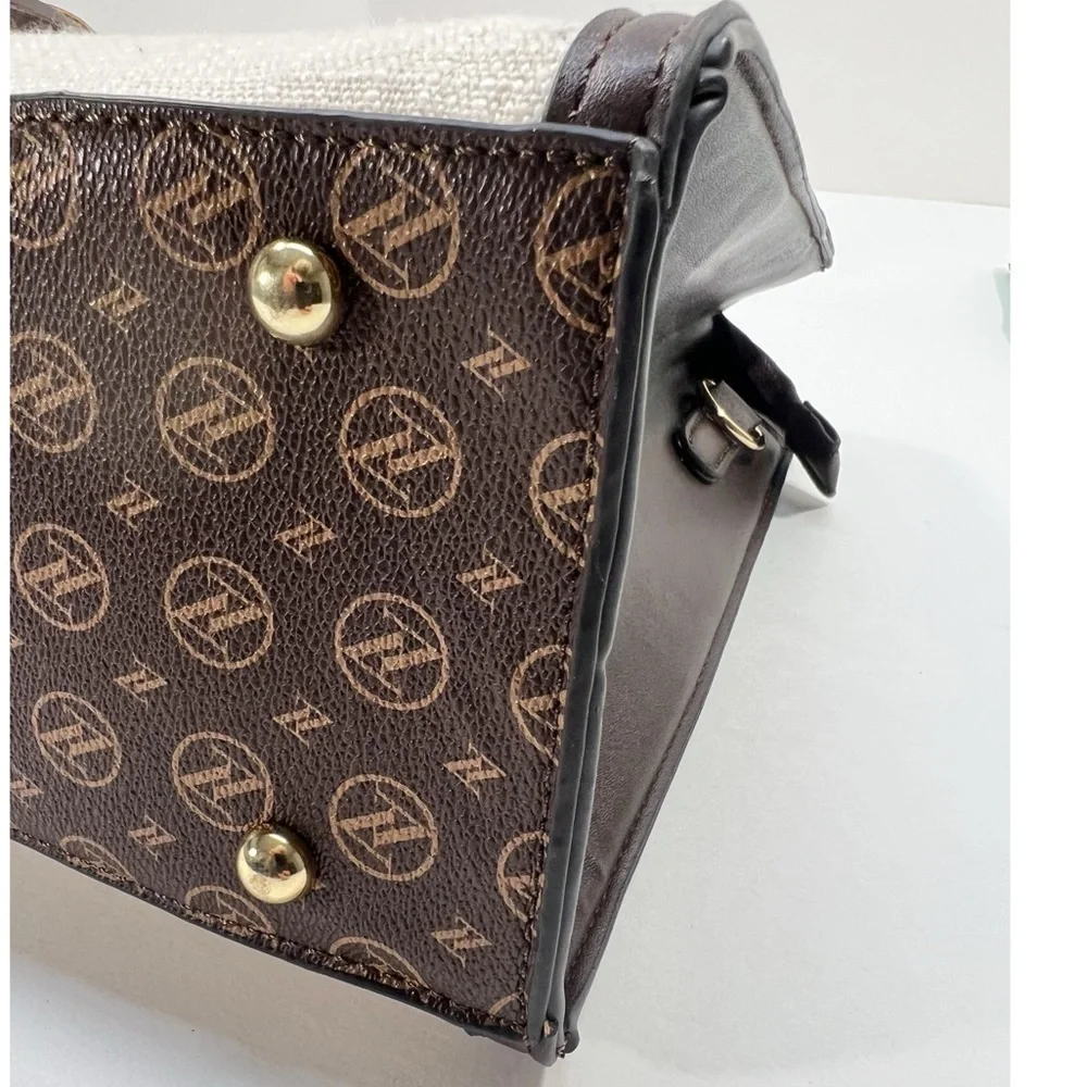 Adrienne Vittadini Brown Vegan Leather and Cream Linen Medium  Handbag